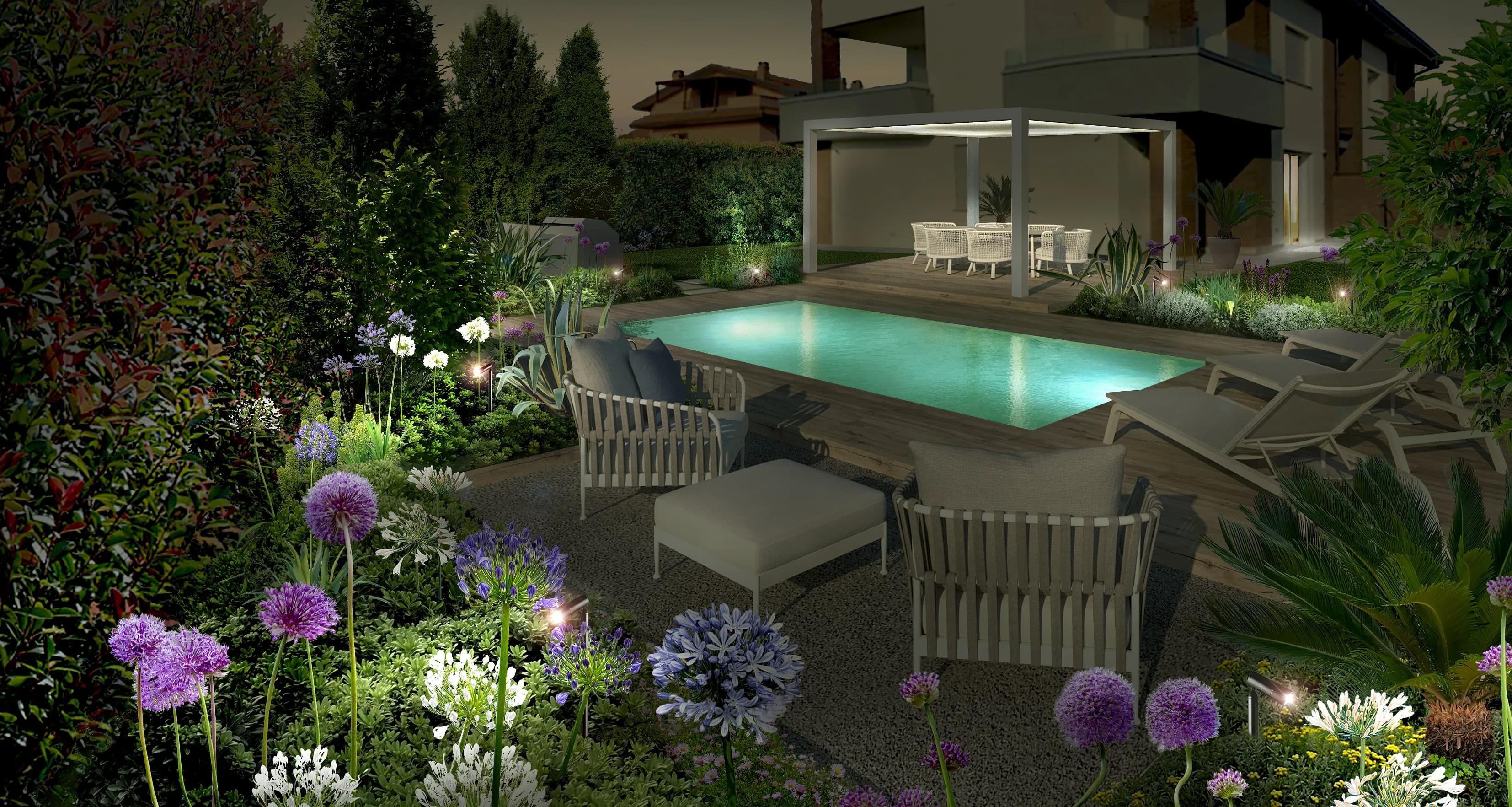 illuminazione giardino con piscina