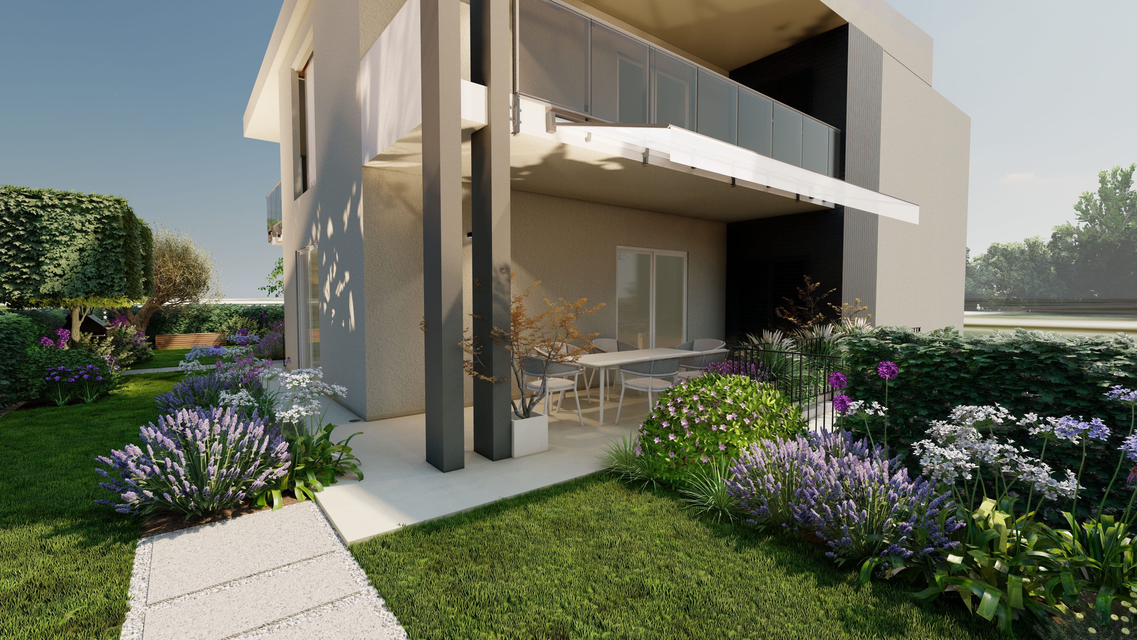 progettazione giardino residenziale, area pranzo, vaso in resina