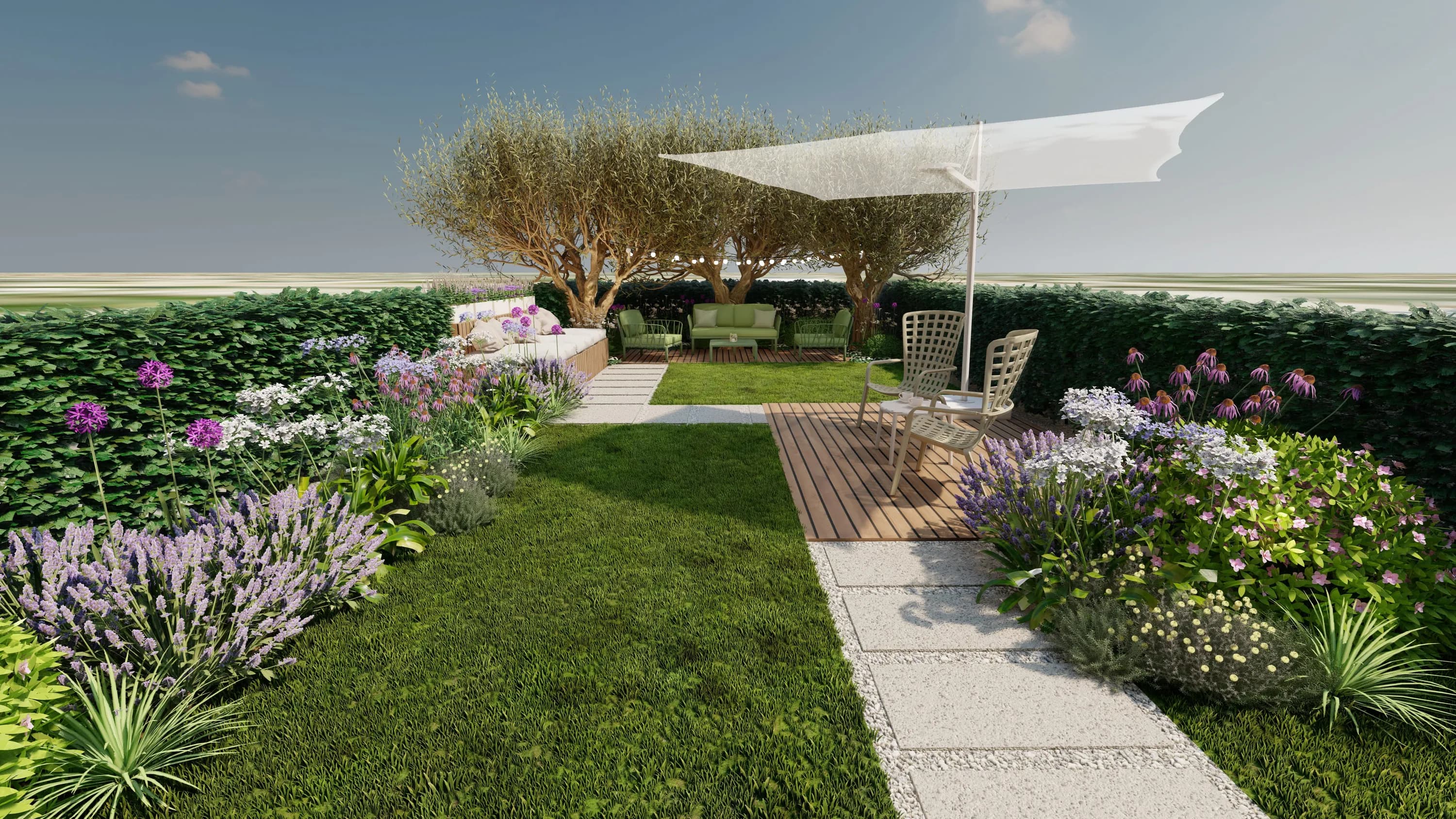 progettazione giardino residenziale, ombrellone, pavimentazione in legno, pavimentazione in ghiaia, ulivi, panca in legno