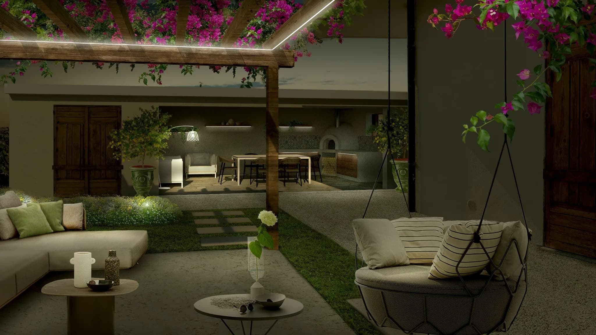 progettazione giardino, pergola in legno, giardino mediterraneo, living, vasi da esterno, pavimentazione giardino, pavimentazione affogata nel prato, illuminazione