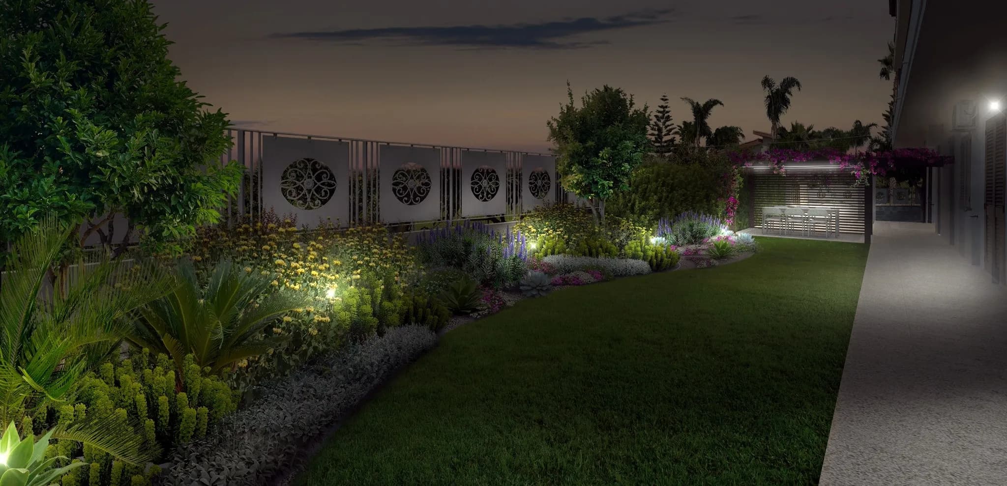 progettazione giardino, giardino mediterraneo, giardino con ghiaia, drygarden, illuminazione giardino